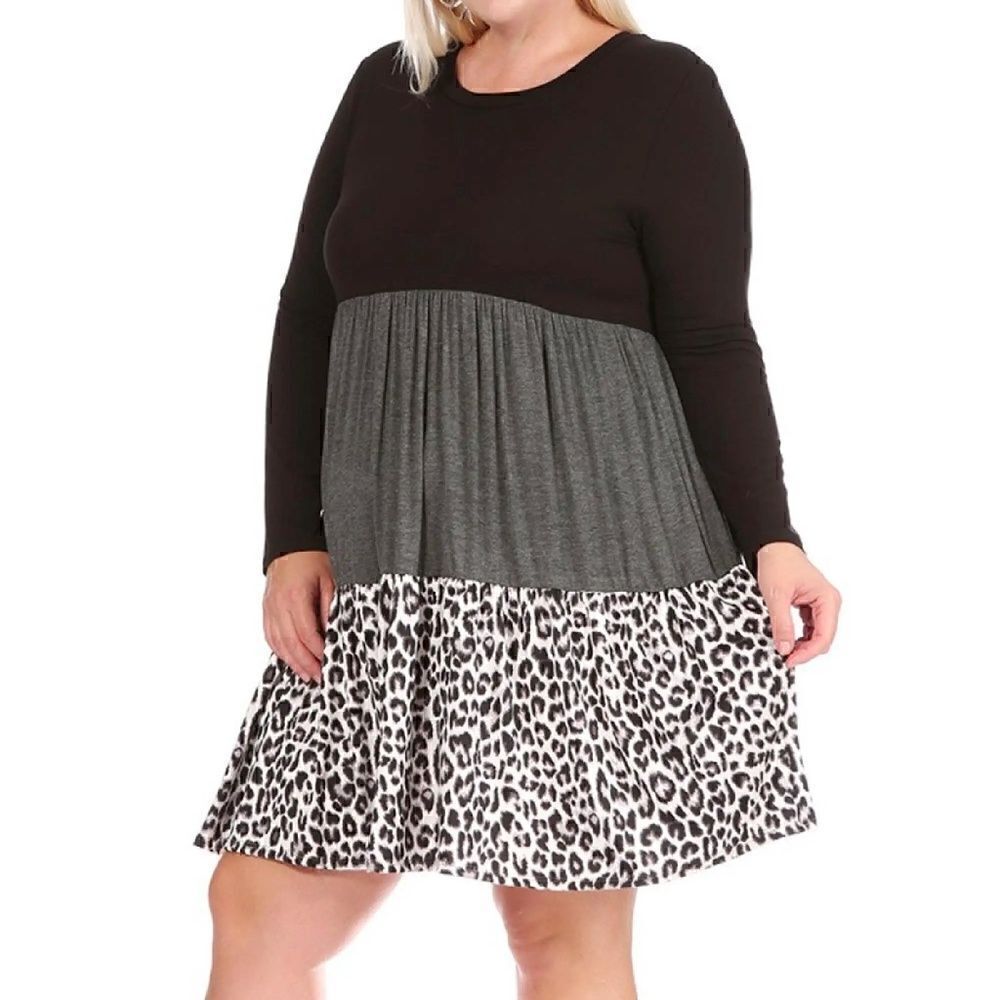 NEW! Super Cute Boho PLUS Babydoll Dress Ruffle Color Block Leopard Swing Dress